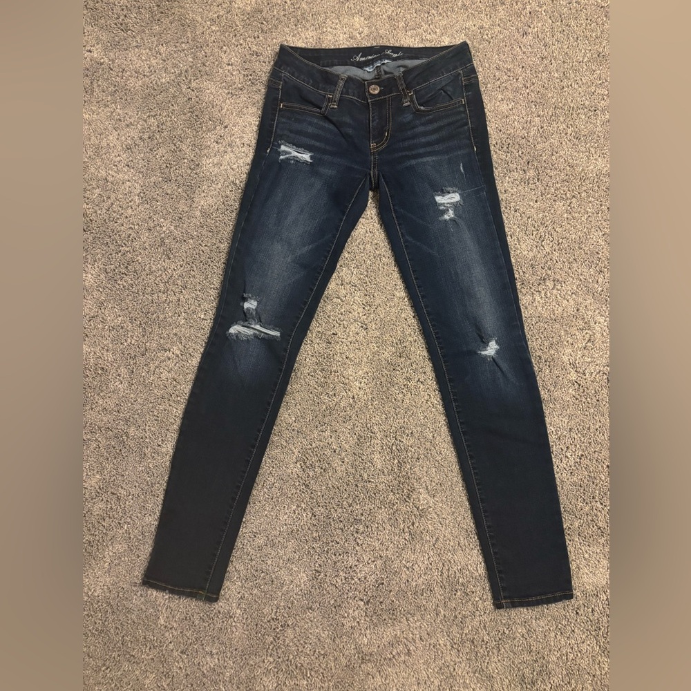 American Eagle Dark Blue Distressed Super Stretch Jegging Skinny Jeans Size 2R